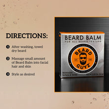 Beard balm directions card with box showing “for all beard texture”