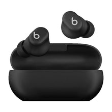 Wireless earbuds with charging case, dark matte finish, oval case with front bar