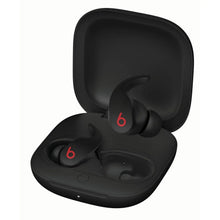 Black true wireless earbuds with open charging case lid, in-ear buds visible