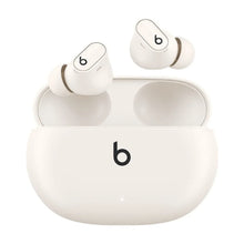 White true wireless earbuds with charging case, b logos on earbuds