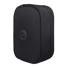 Black protective case for headphones with embossed logo on textured fabric