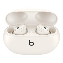 Open white charging case with two white earbuds inside, b logos visible