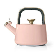 Rose ceramic stovetop tea kettle with gold-tone handle and spout
