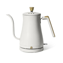 White electric gooseneck kettle with gold spout and handle