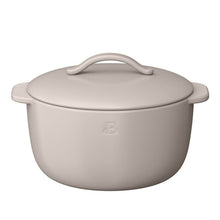 Porcini taupe covered stoneware casserole dish with domed lid and wide side handles