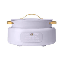 Electric multi-cooker with lid and front control panel, lavender body with gold accents