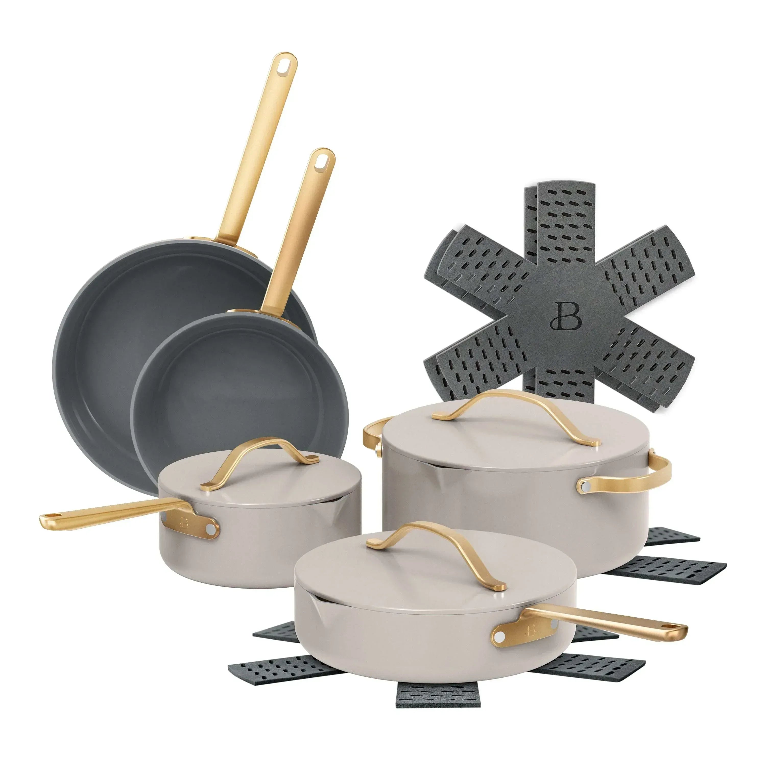 Beautiful 12-Piece Ceramic Nonstick Cookware Set, Pots and Pans with Strainer Lids, Black Sesame by Drew Barrymore