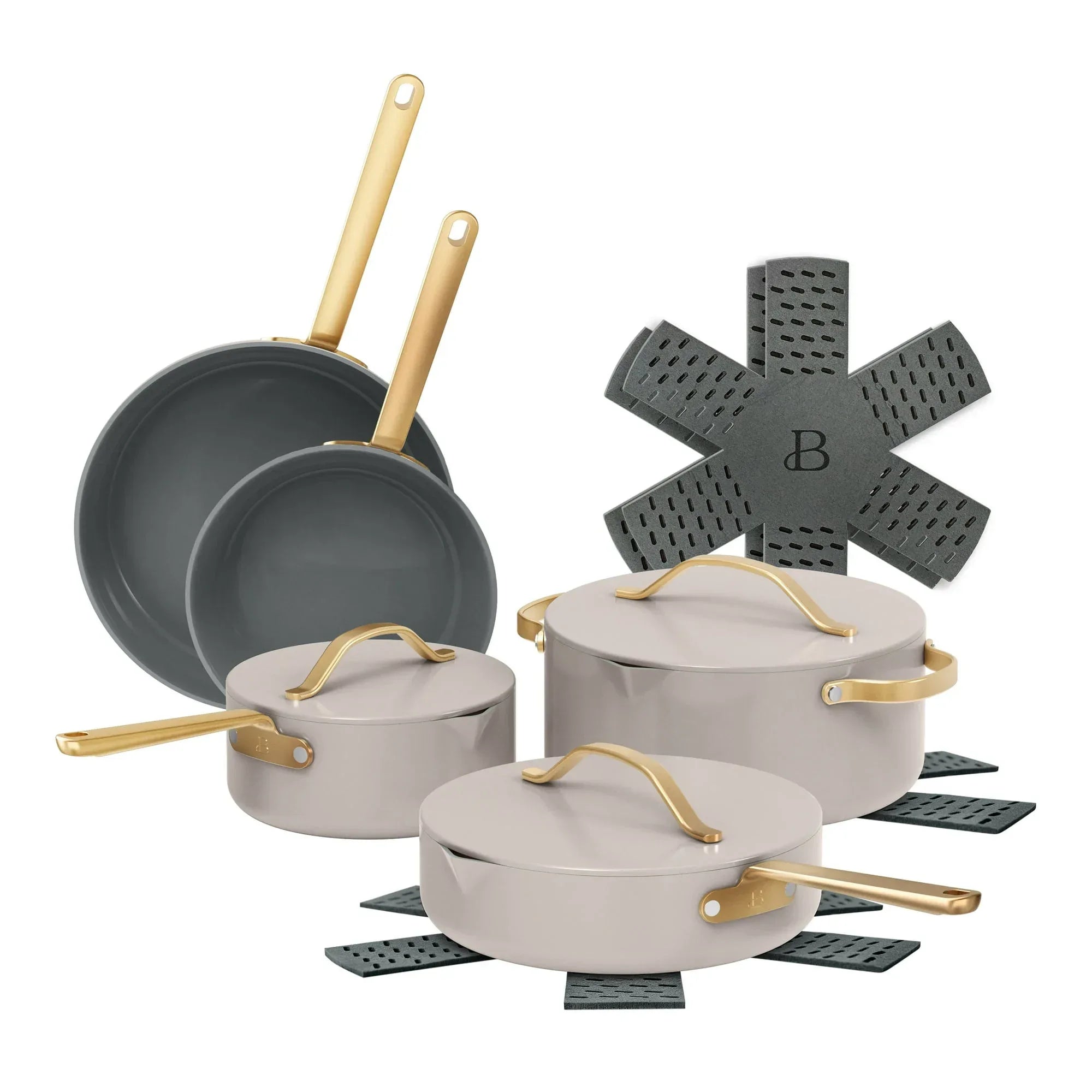 Beautiful 12-Piece Ceramic Nonstick Cookware Set, Pots and Pans with Strainer Lids, Buttercream by Drew Barrymore