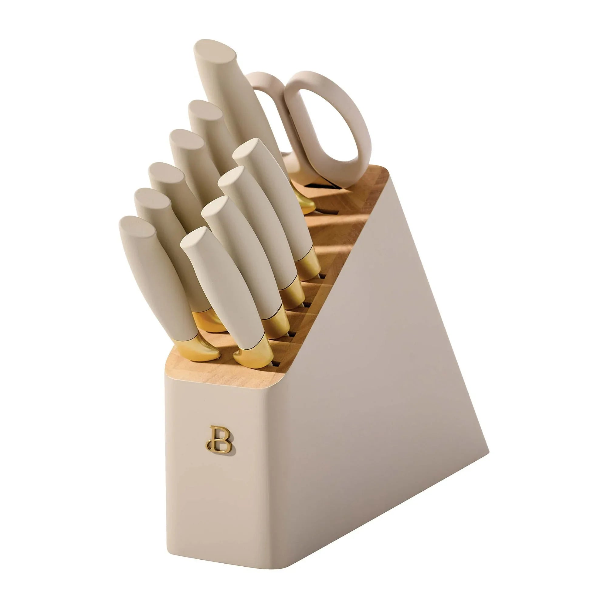 Beautiful 12 Piece Stainless Steel Knife Block Set, Soft-Grip Handles White Icing by Drew Barrymore