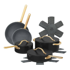 Beautiful 12-Piece Ceramic Nonstick Cookware Set, Pots and Pans with Strainer Lids, Black Sesame by Drew Barrymore