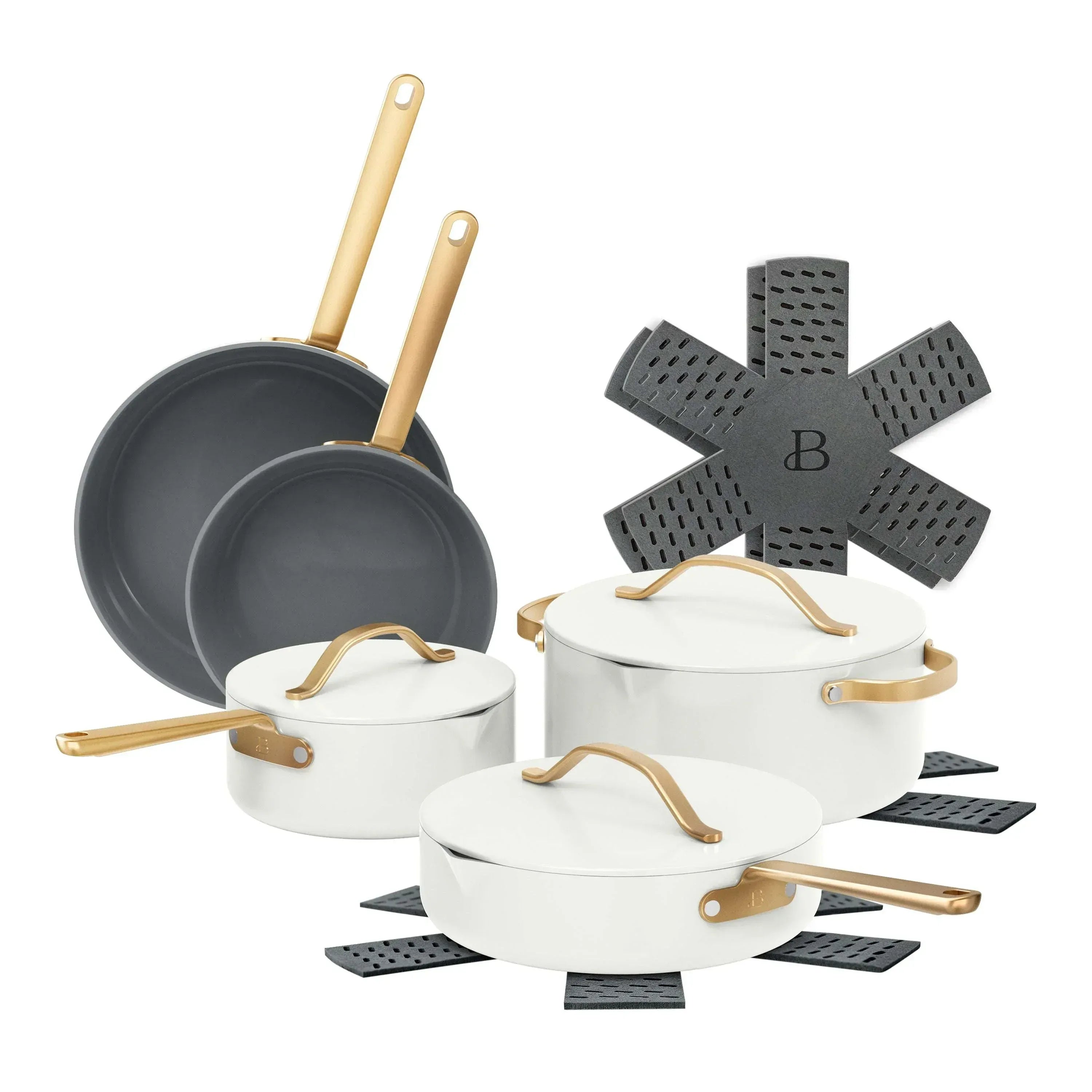 Beautiful 12-Piece Ceramic Nonstick Cookware Set, Pots and Pans with Strainer Lids, Black Sesame by Drew Barrymore