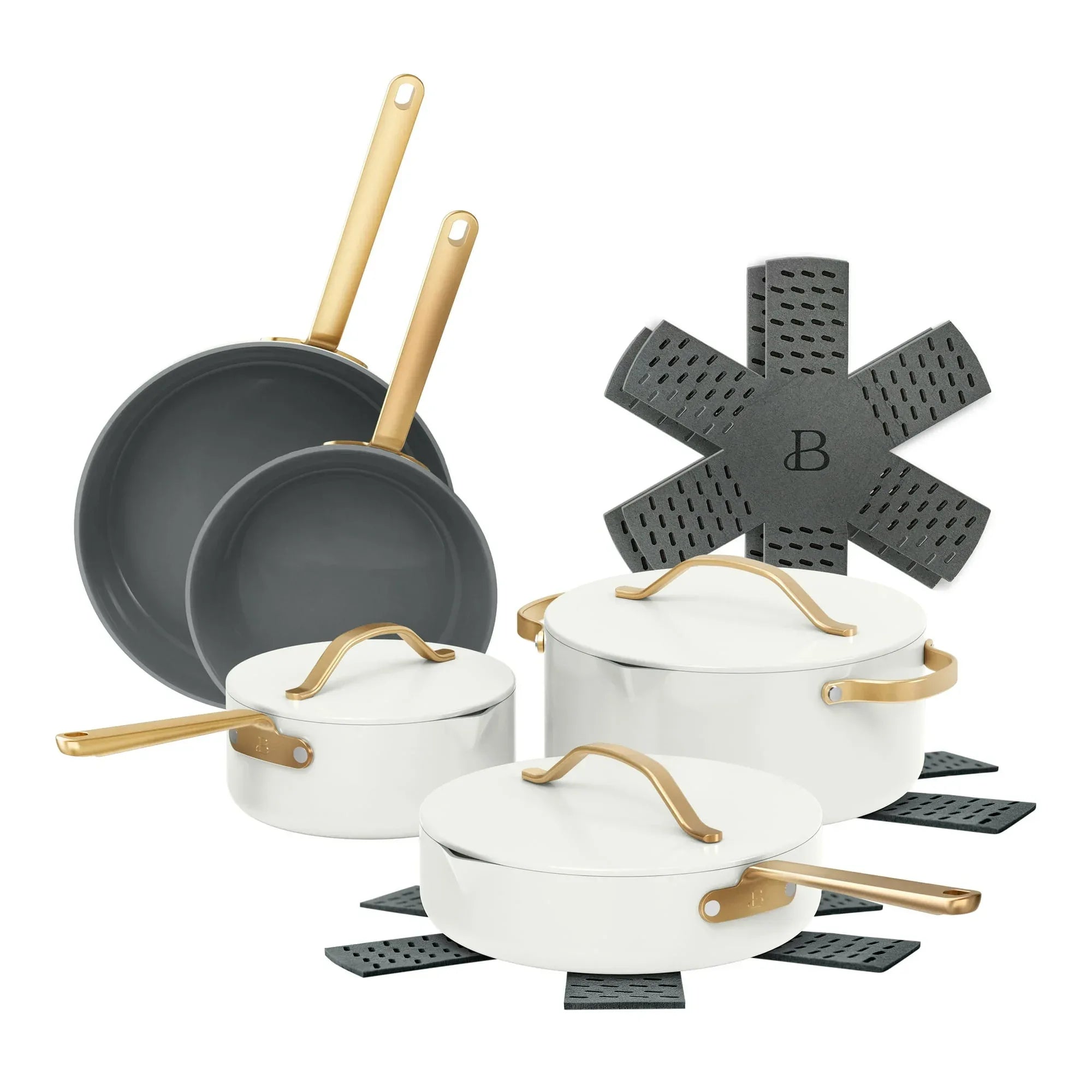 Beautiful 12-Piece Ceramic Nonstick Cookware Set, Pots and Pans with Strainer Lids, Buttercream by Drew Barrymore