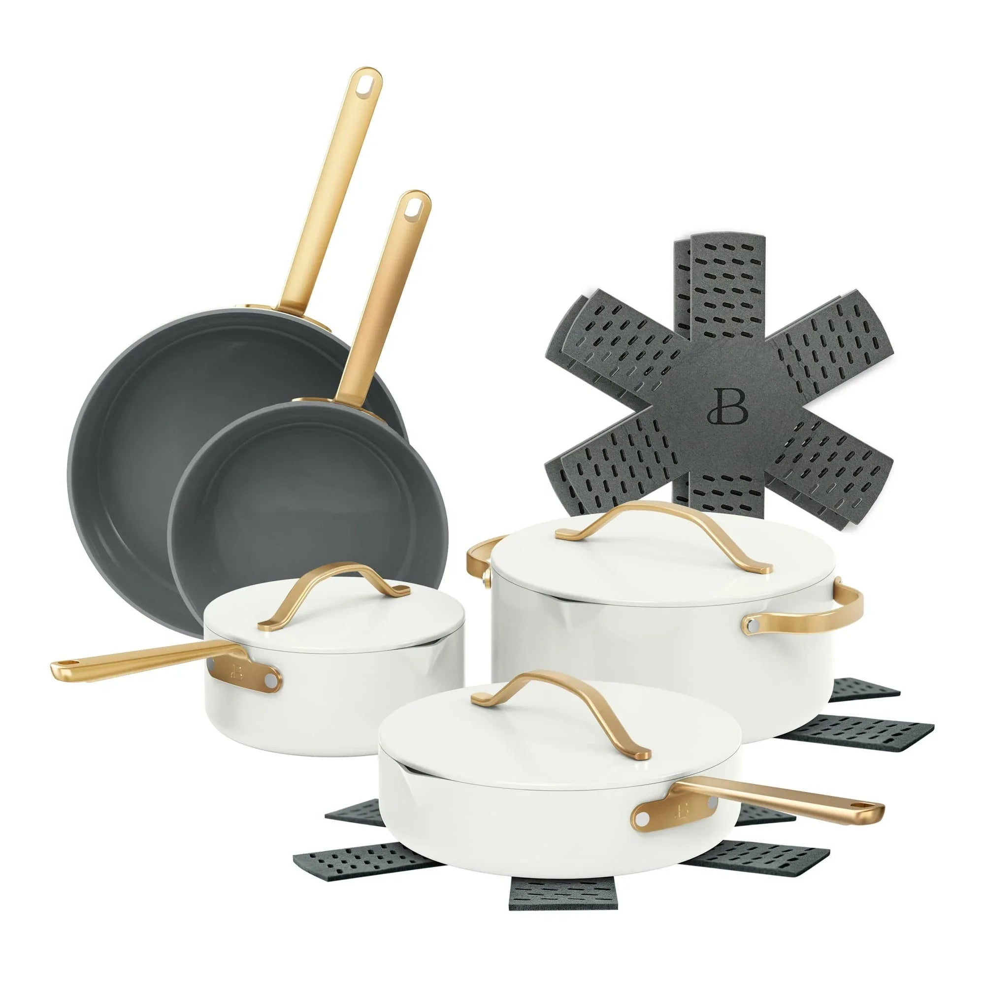 Beautiful 12-Piece Ceramic Nonstick Cookware Set, Pots and Pans with Strainer Lids, Buttercream by Drew Barrymore - USA MEGA SHOP