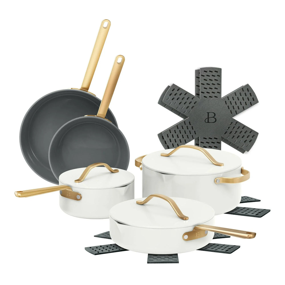 Beautiful 12-Piece Ceramic Nonstick Cookware Set, Pots and Pans with Strainer Lids, Buttercream by Drew Barrymore - USA MEGA SHOP