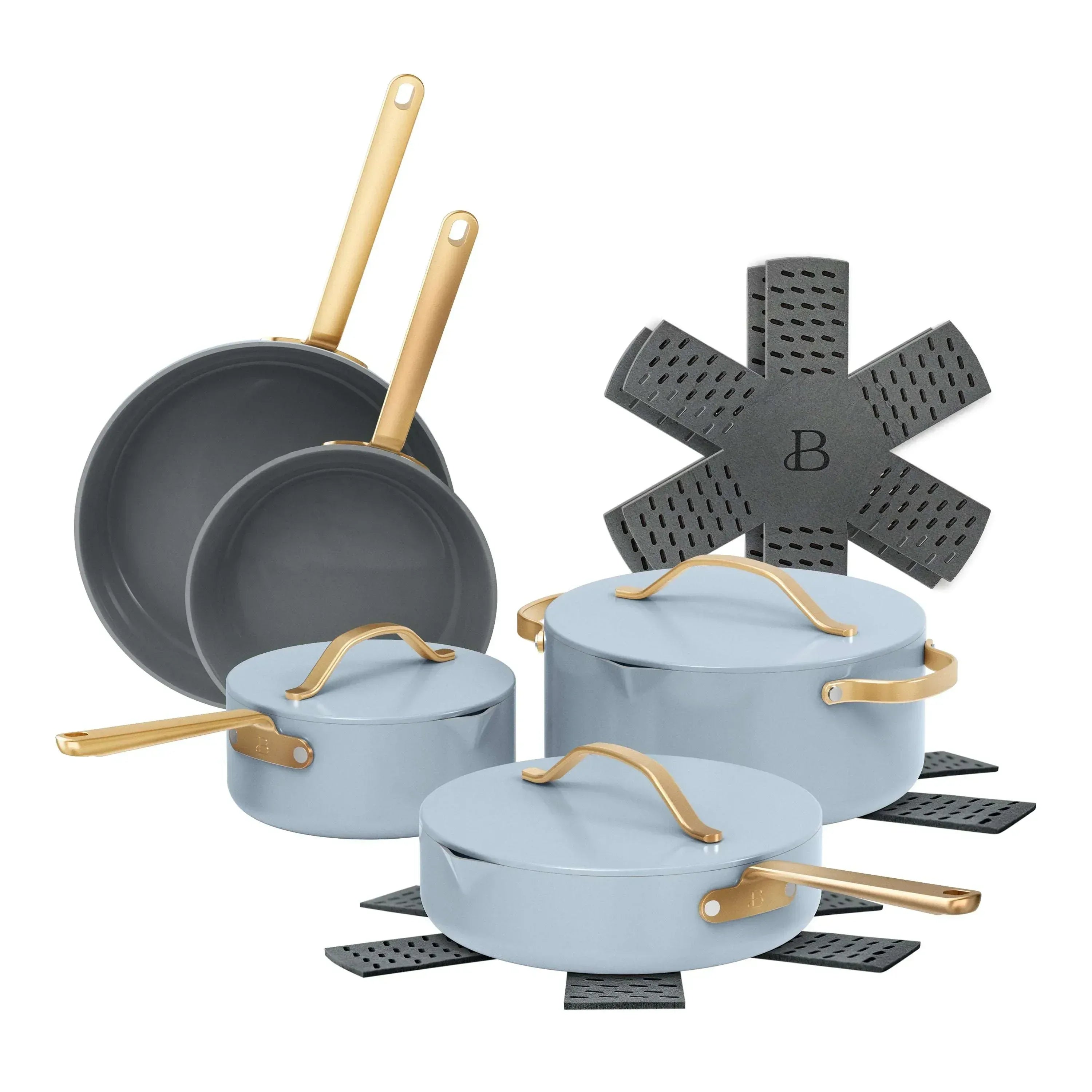 Beautiful 12-Piece Ceramic Nonstick Cookware Set, Pots and Pans with Strainer Lids, Black Sesame by Drew Barrymore