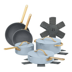 Beautiful 12-Piece Ceramic Nonstick Cookware Set, Pots and Pans with Strainer Lids, Black Sesame by Drew Barrymore