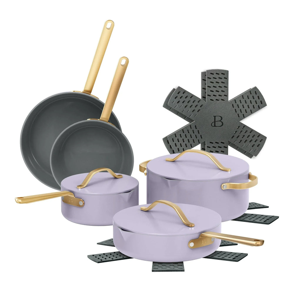 Beautiful 12-Piece Ceramic Nonstick Cookware Set, Pots and Pans with Strainer Lids, Buttercream by Drew Barrymore - USA MEGA SHOP