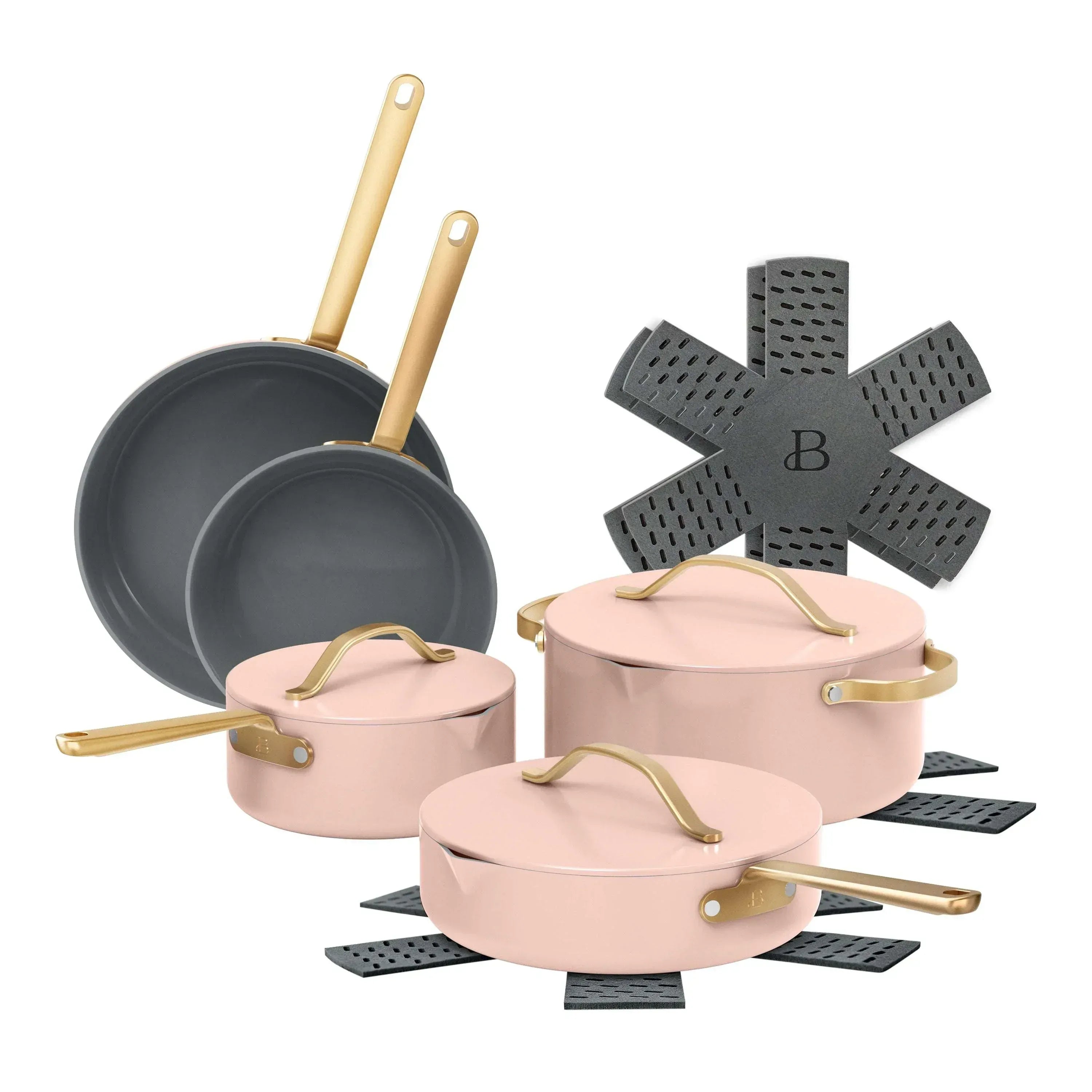 Beautiful 12-Piece Ceramic Nonstick Cookware Set, Pots and Pans with Strainer Lids, Black Sesame by Drew Barrymore