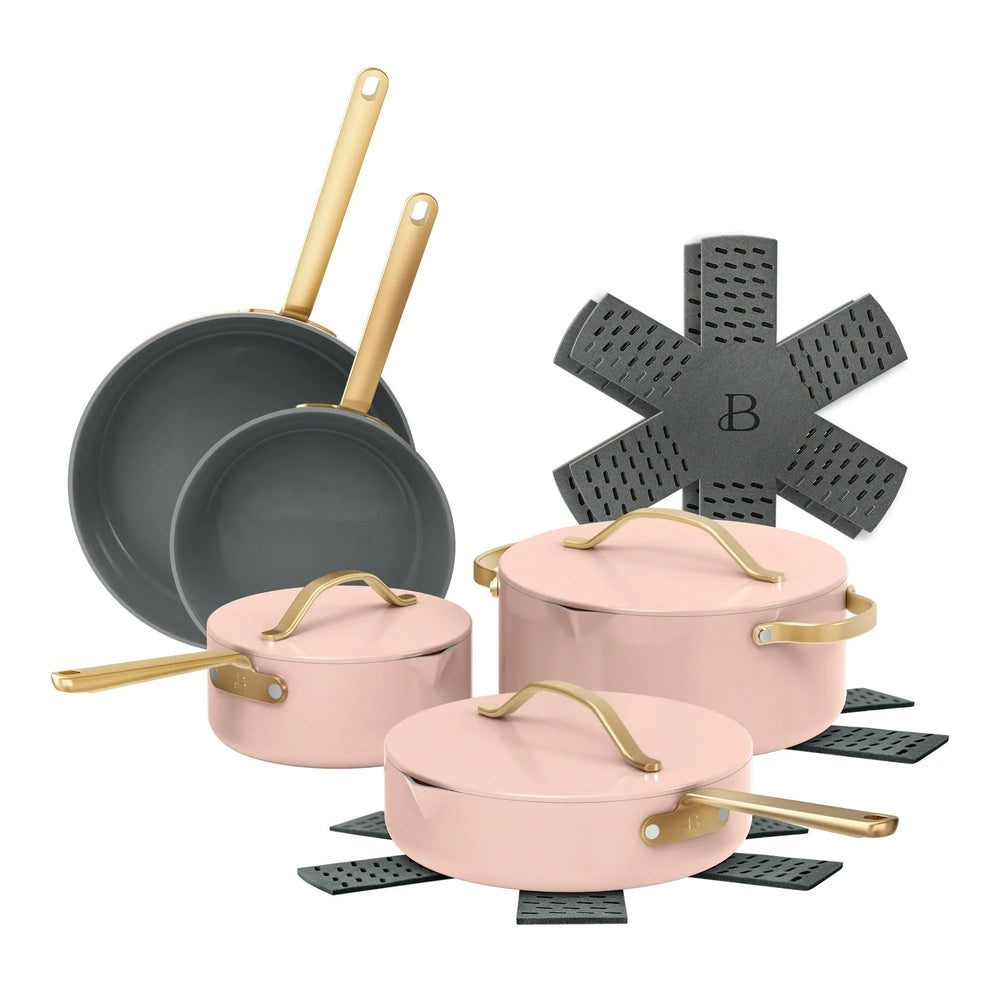 Beautiful 12-Piece Ceramic Nonstick Cookware Set, Pots and Pans with Strainer Lids, Buttercream by Drew Barrymore - USA MEGA SHOP