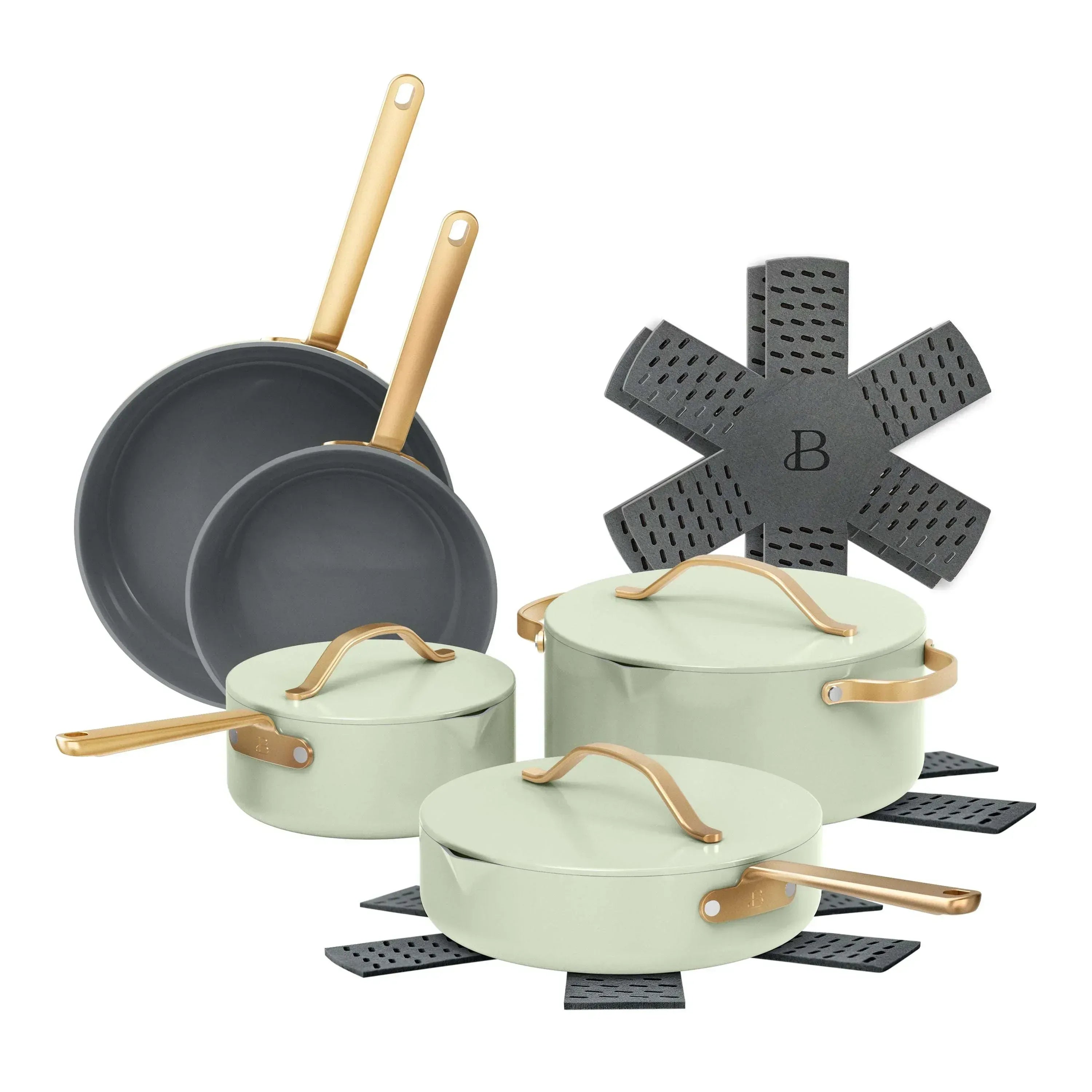 Beautiful 12-Piece Ceramic Nonstick Cookware Set, Pots and Pans with Strainer Lids, Black Sesame by Drew Barrymore