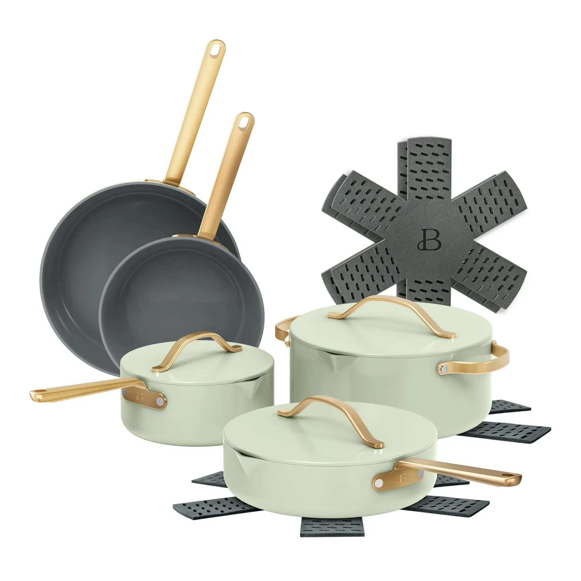 Beautiful 12-Piece Ceramic Nonstick Cookware Set, Pots and Pans with Strainer Lids, Buttercream by Drew Barrymore
