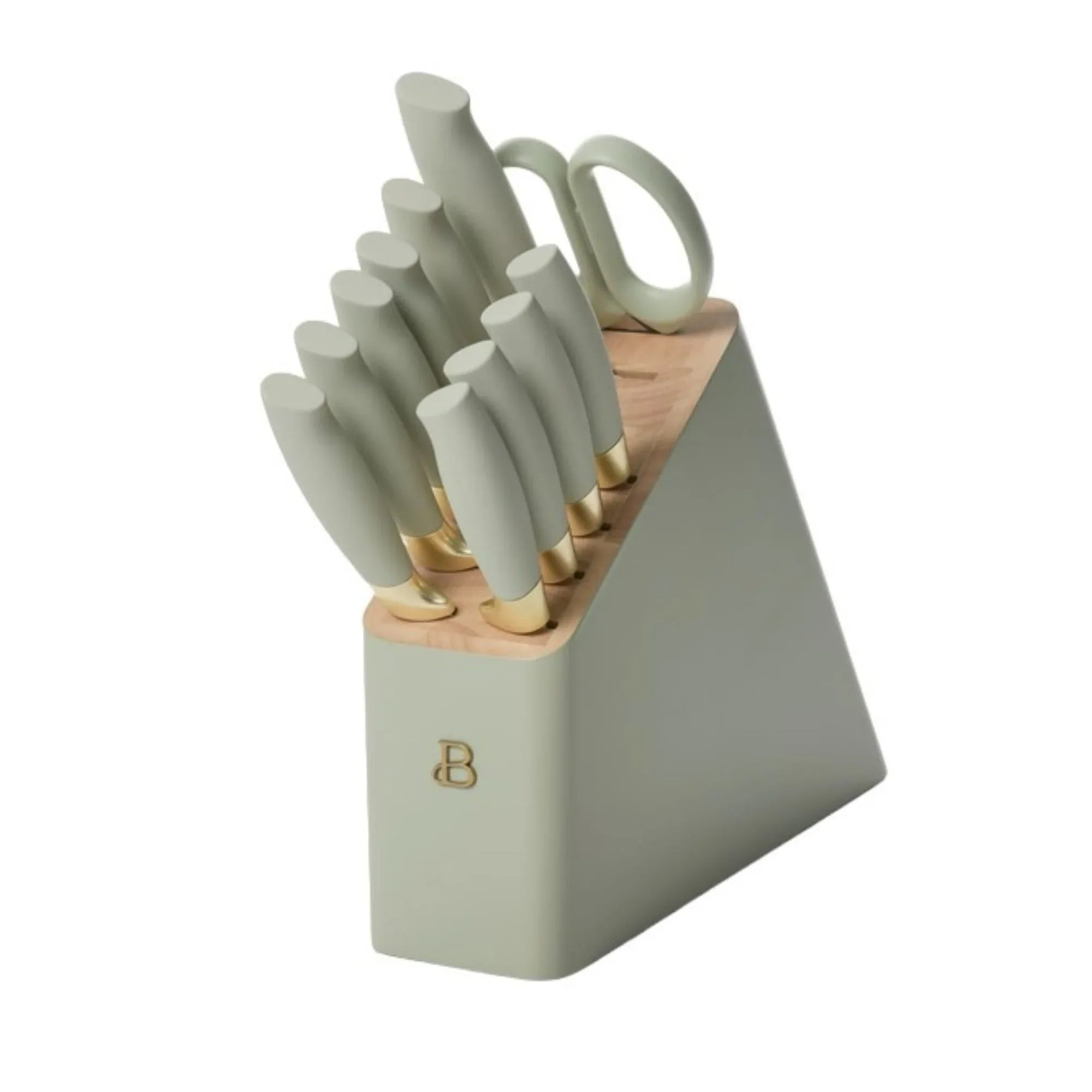 Beautiful 12 Piece Stainless Steel Knife Block Set, Soft-Grip Handles White Icing by Drew Barrymore