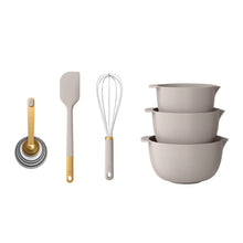 Porcini taupe mix & measure set: spoon spatula, whisk, nesting bowls