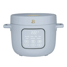 Cornflower blue electric rice and grain cooker with digital control panel and side handles