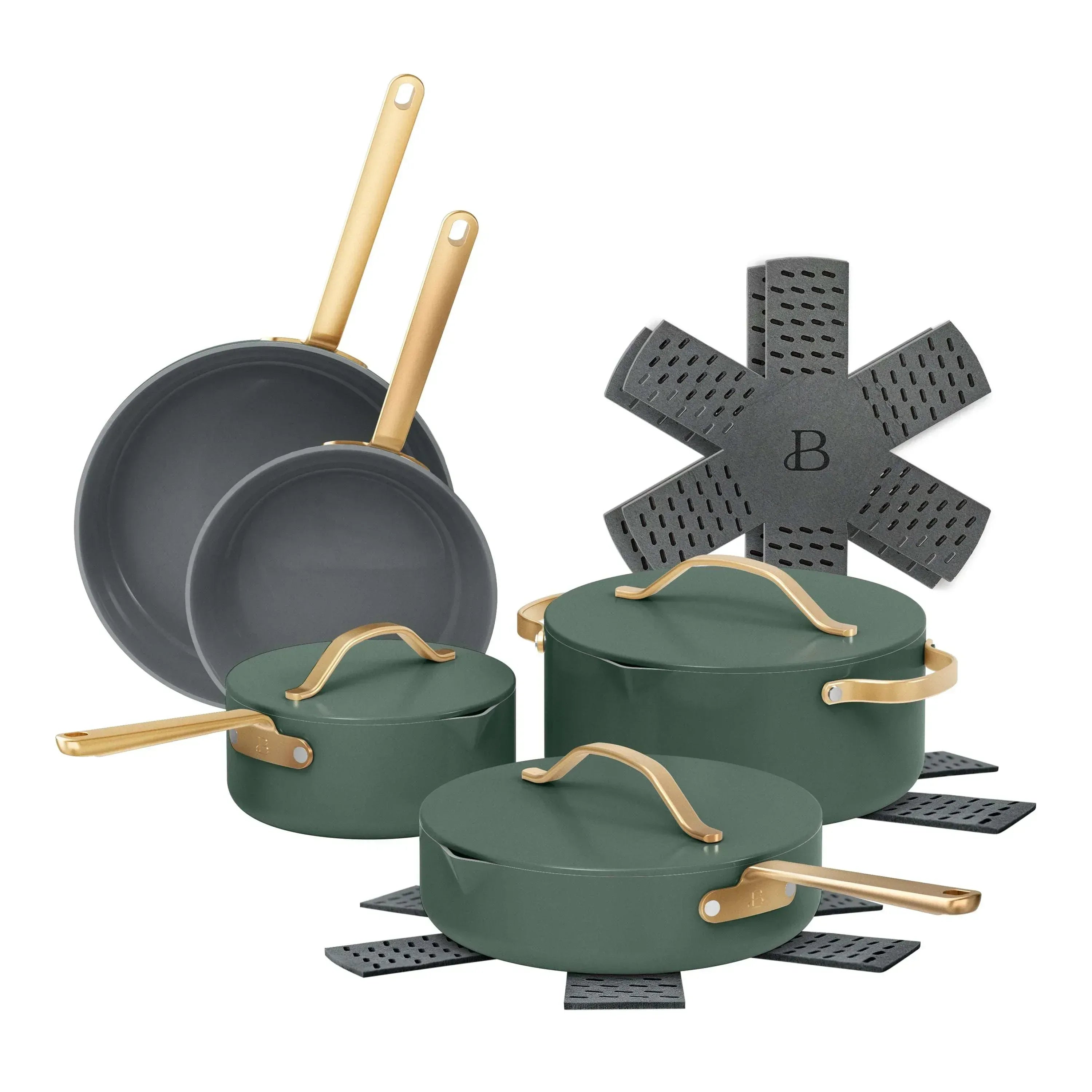 Beautiful 12-Piece Ceramic Nonstick Cookware Set, Pots and Pans with Strainer Lids, Black Sesame by Drew Barrymore