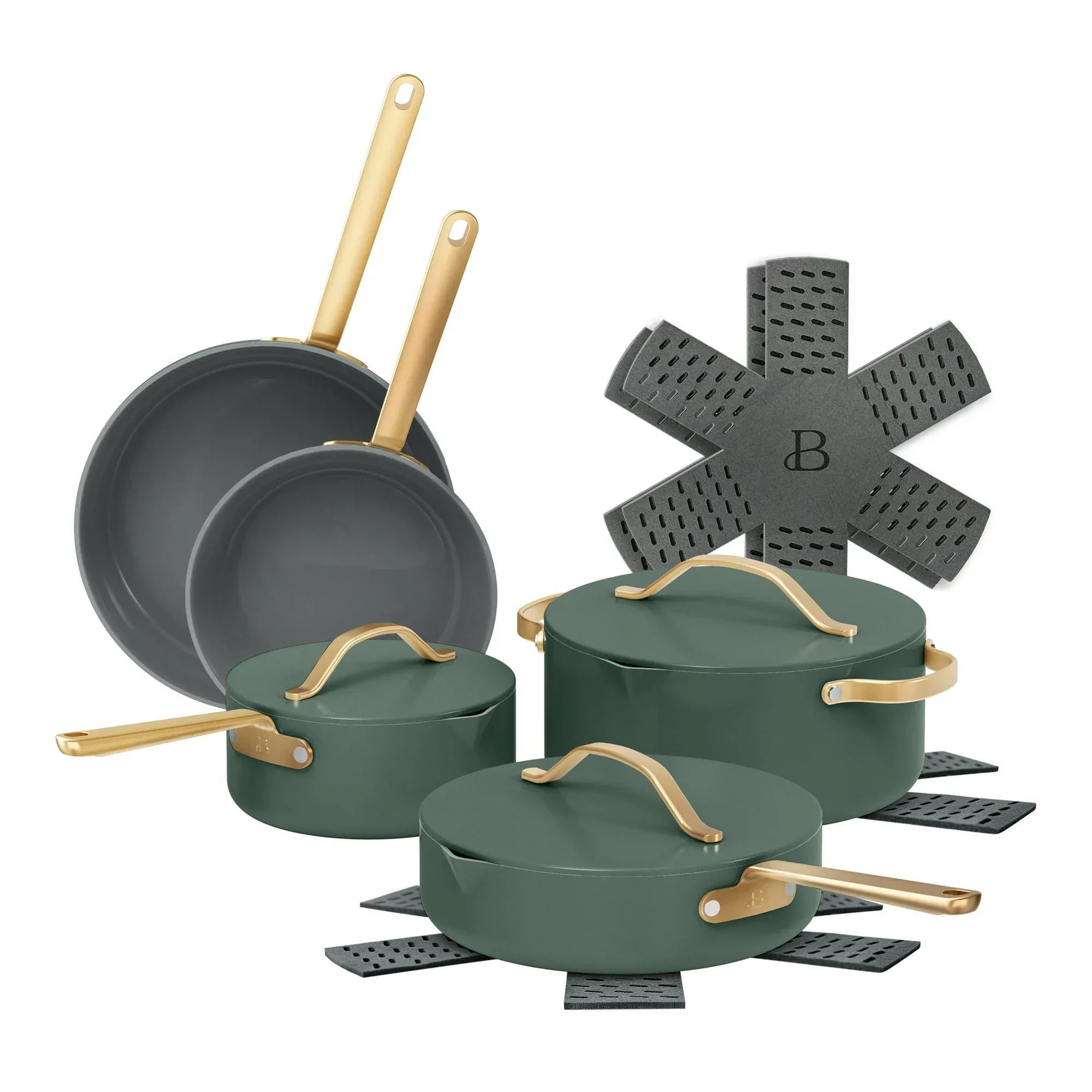 Beautiful 12-Piece Ceramic Nonstick Cookware Set, Pots and Pans with Strainer Lids, Buttercream by Drew Barrymore