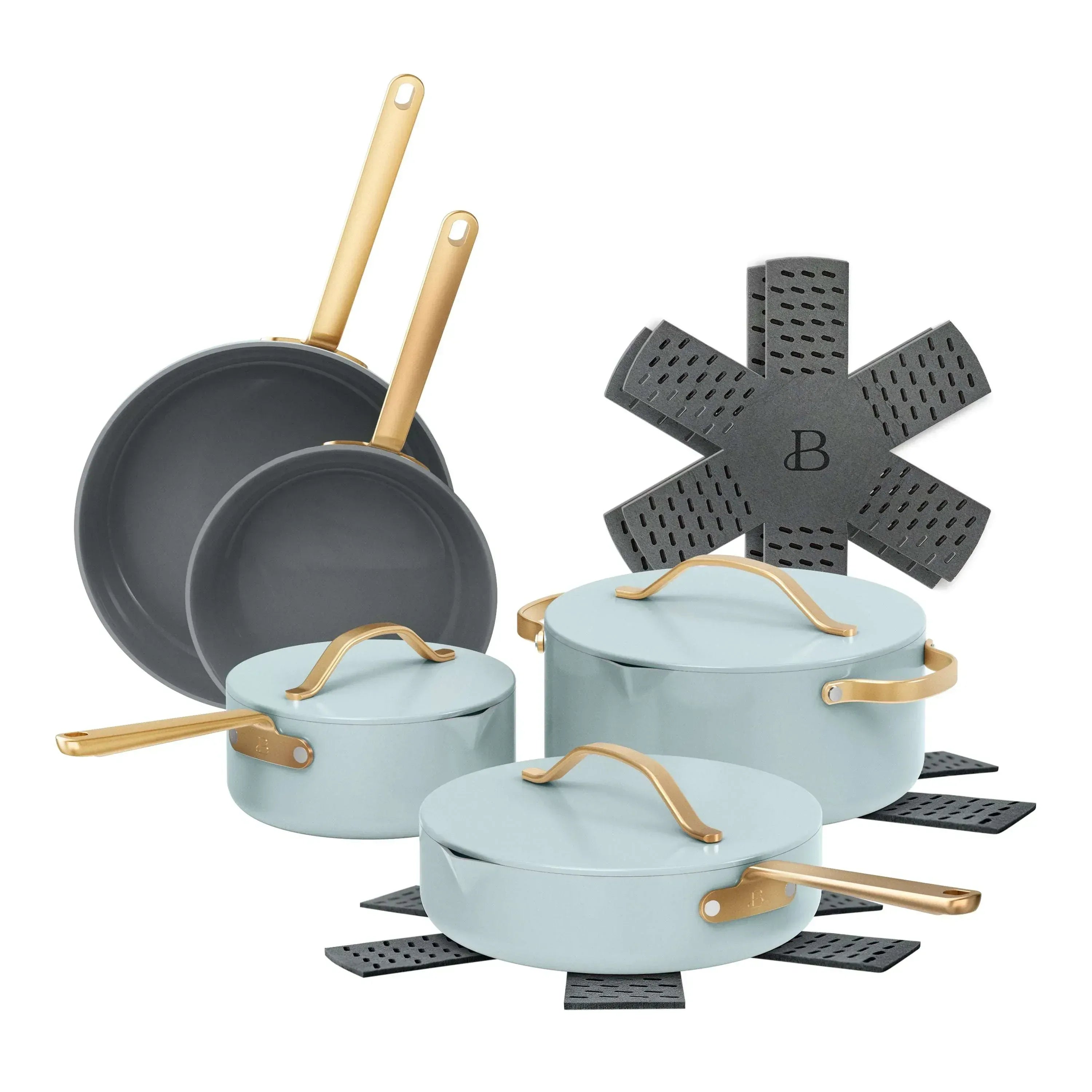 Beautiful 12-Piece Ceramic Nonstick Cookware Set, Pots and Pans with Strainer Lids, Black Sesame by Drew Barrymore