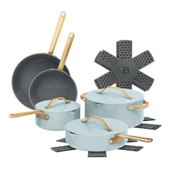 Beautiful 12-Piece Ceramic Nonstick Cookware Set, Pots and Pans with Strainer Lids, Black Sesame by Drew Barrymore
