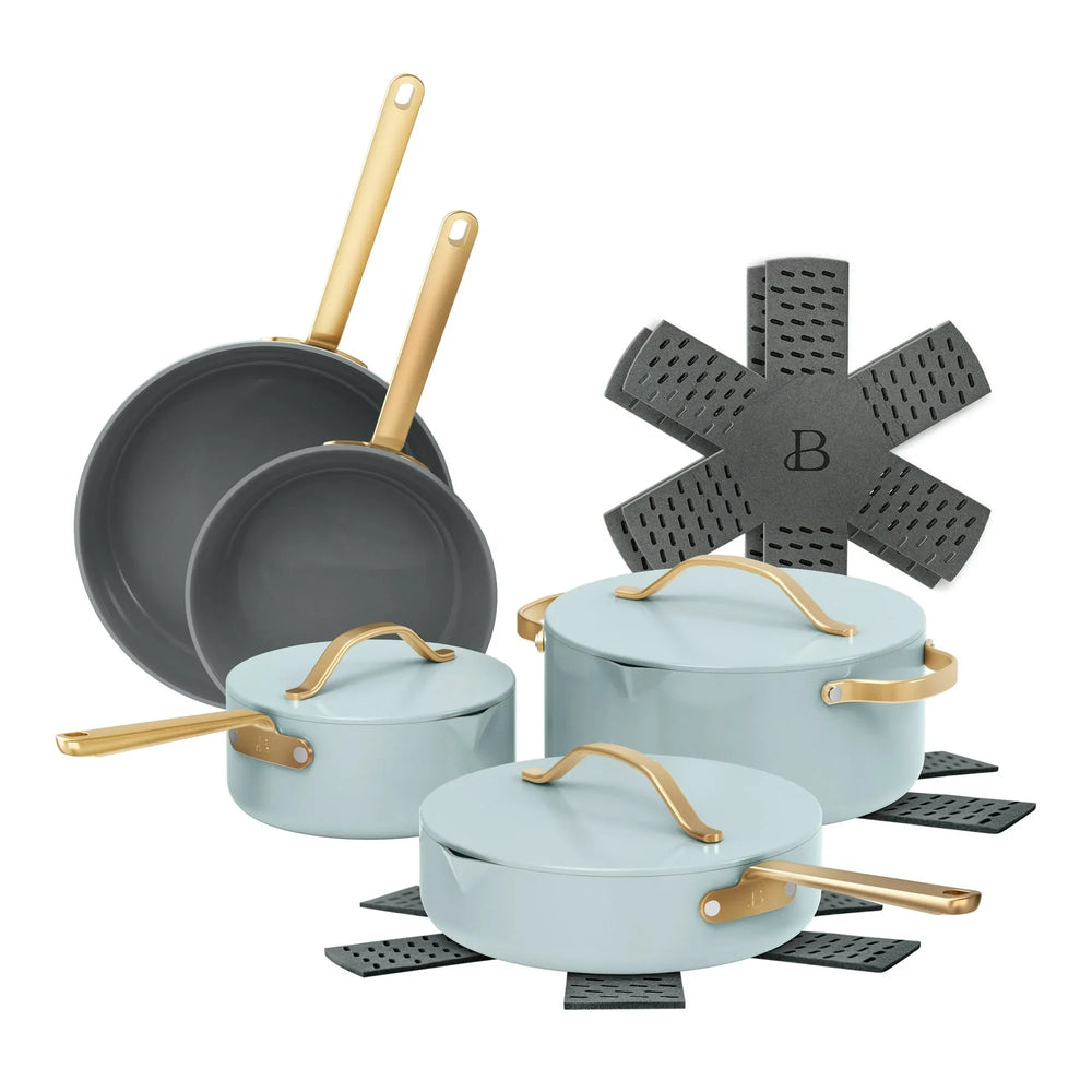 Beautiful 12-Piece Ceramic Nonstick Cookware Set, Pots and Pans with Strainer Lids, Buttercream by Drew Barrymore - USA MEGA SHOP