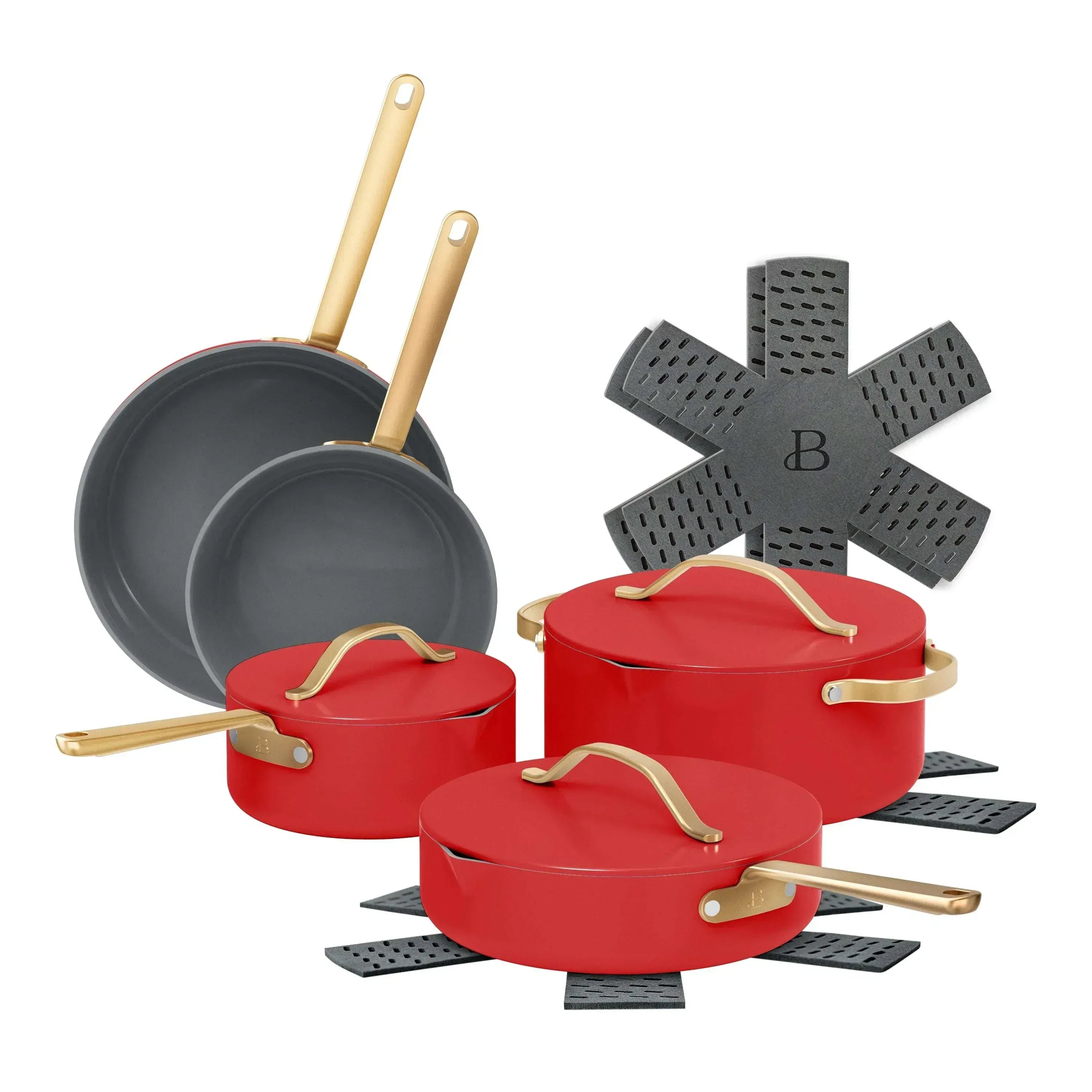 Beautiful 12-Piece Ceramic Nonstick Cookware Set, Pots and Pans with Strainer Lids, Black Sesame by Drew Barrymore