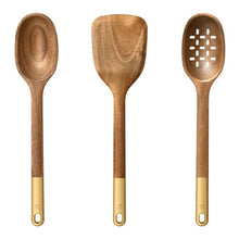 3 wood kitchen utensils set with solid spoon, angled spatula, and slotted spoon