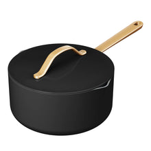 Ceramic nonstick covered sauce pan with strainer lid, dark finish and gold-tone handle