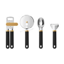 4-piece utensil set with black handles and gold accents