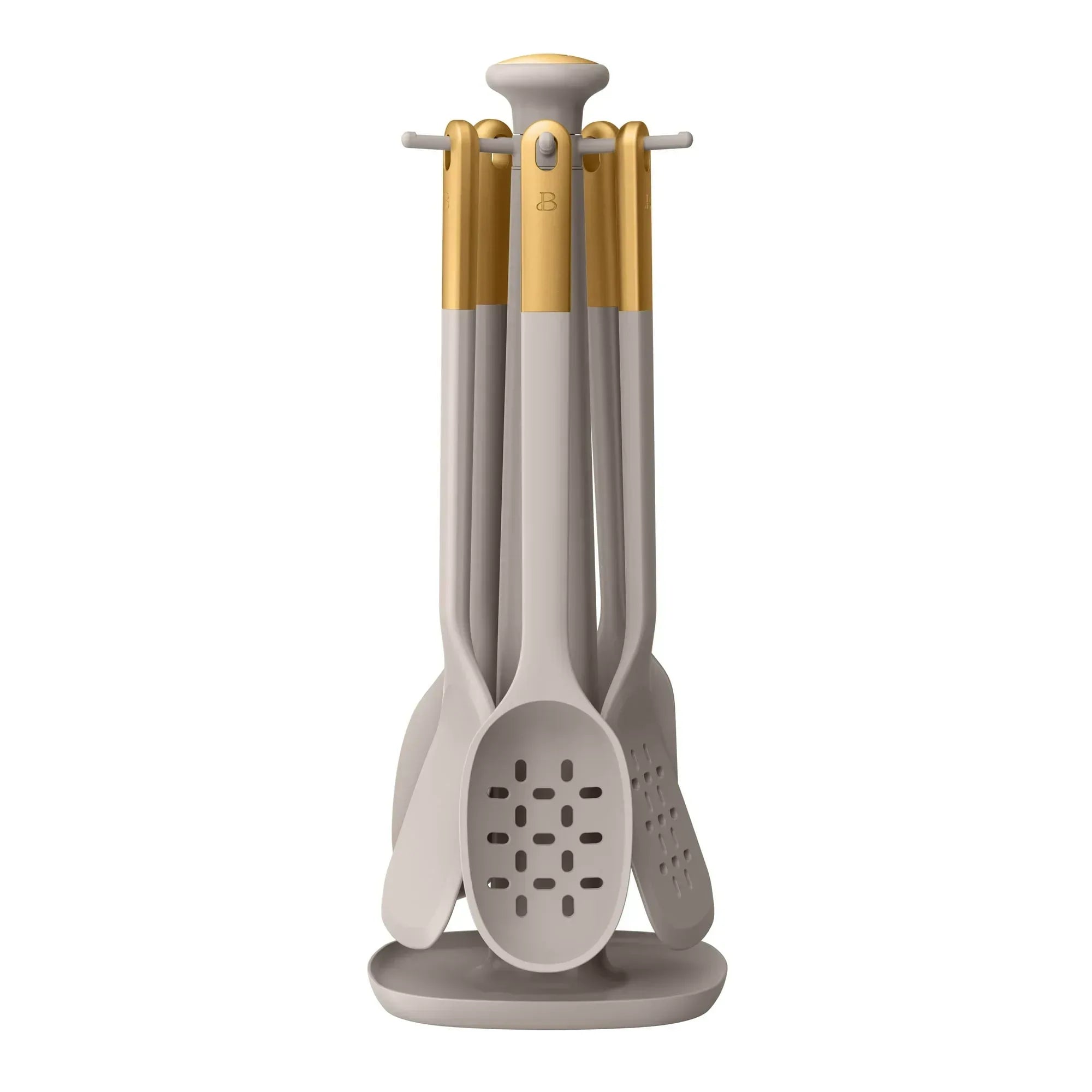 Beautiful 6-Piece Silicone Kitchen Utensil Tool Set with Rotating Rack, Black Sesame by Drew Barrymore