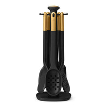 6-piece silicone kitchen utensil set with rotating rack, black and gold accents