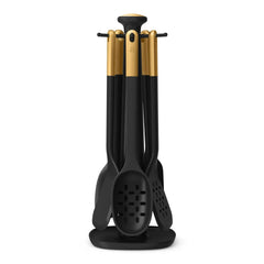 Beautiful 6-Piece Silicone Kitchen Utensil Tool Set with Rotating Rack, Black Sesame by Drew Barrymore