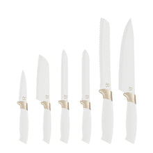 6-piece stainless steel knife set with white handles and gold accents