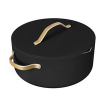 Black ceramic nonstick stock pot with strainer lid and gold-tone handle on side
