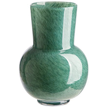 Green mottled glass vase with flared rim and rounded bulb body