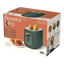 Beautiful 2-slice toaster retail box with dark green toaster pictured