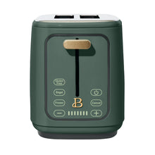 Dark green 2-slice toaster front with touch buttons and toasting lever