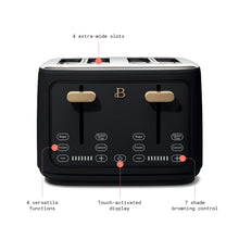 Black four-slice toaster with four extra-wide slots and touch-activated controls