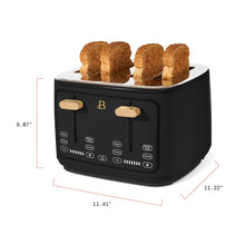 Black four-slice toaster with toast and gold levers, shown with product dimensions