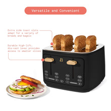 Black four-slice toaster with raised toast and high-lift gold levers
