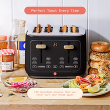 Black four-slice toaster with toast in its slots and LED countdown display