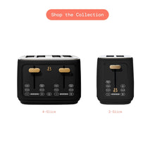 Black four-slice toaster with touch controls shown beside a two-slice model